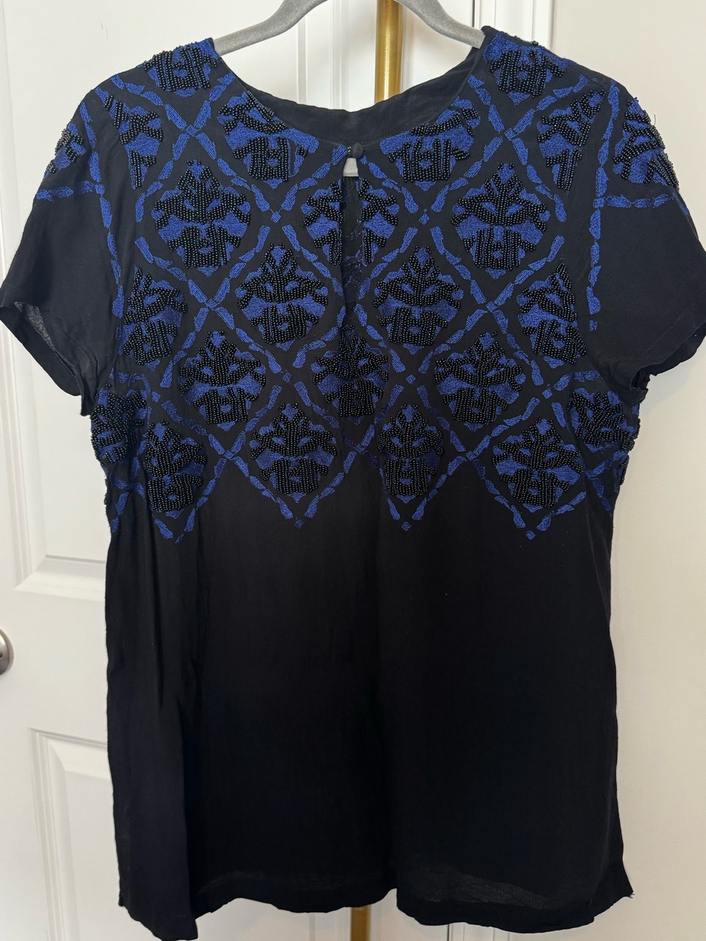 Lucky Brand Women's Black Short-Sleeve Beaded Top with Blue Embroidery